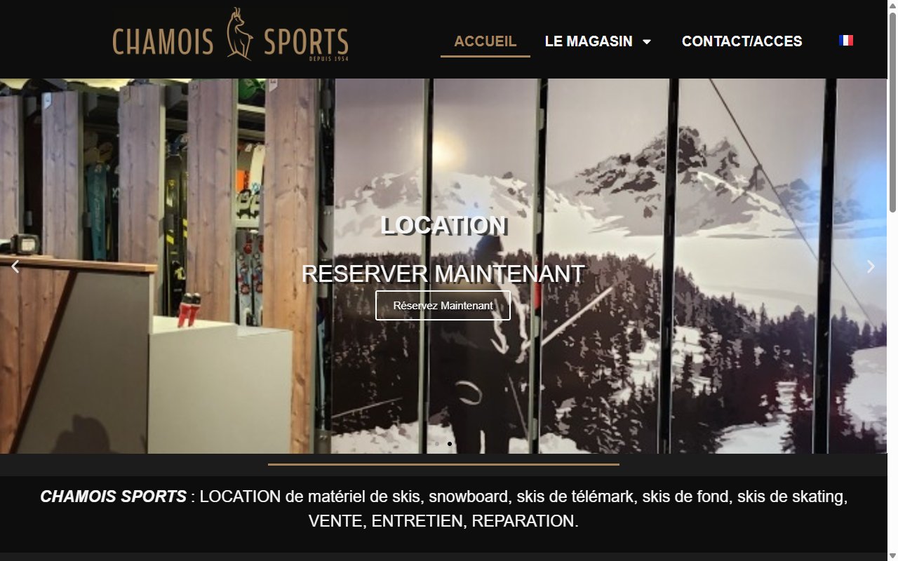 Page d'accueil du site Chamois Sports, magasin de location de matériel de ski à Méribel