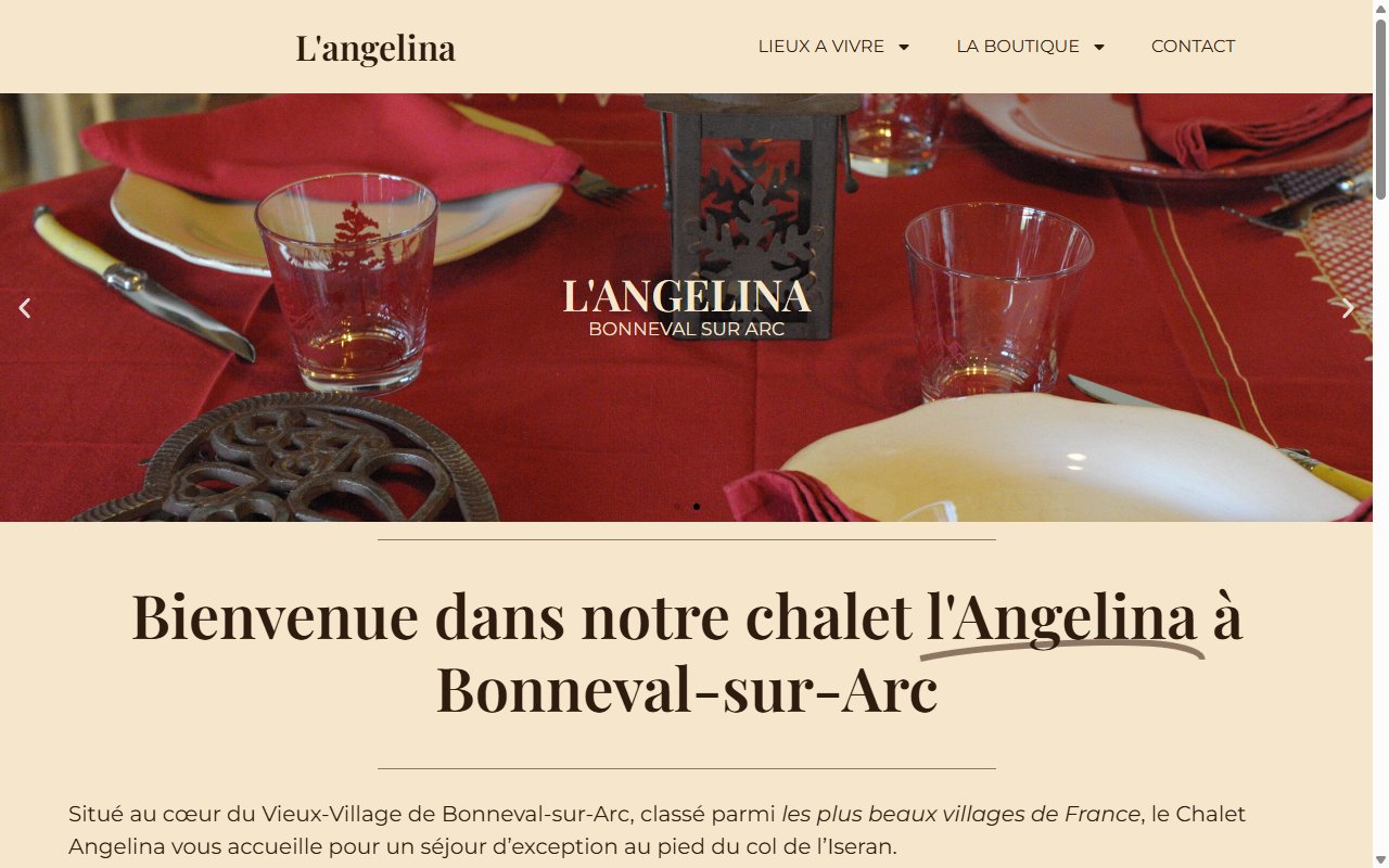 Page d'accueil du site du chalet L'Angelina, à Bonneval-sur-Arc